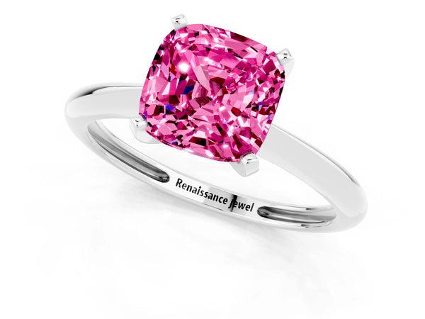 Silver Cushion Cut Pink Sapphire Solitaire Engagement Ring with Classic Band and Four-Prong Setting