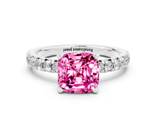 Silver Cushion Cut Pink Sapphire Solitaire Pavé Engagement Ring with Round Band and Prong Setting