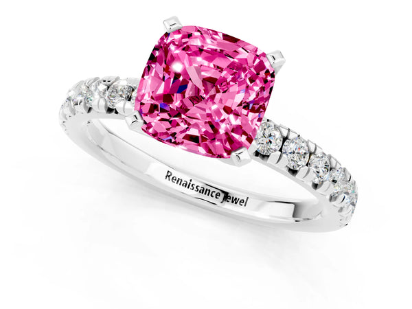Silver Cushion Cut Pink Sapphire Solitaire Pavé Engagement Ring with Round Band and Prong Setting