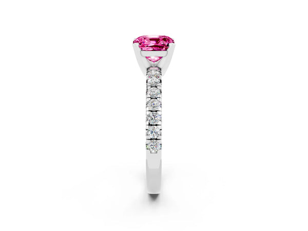 Silver Cushion Cut Pink Sapphire Solitaire Pavé Engagement Ring with Round Band and Prong Setting
