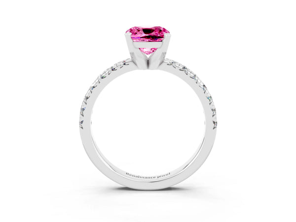 Silver Cushion Cut Pink Sapphire Solitaire Pavé Engagement Ring with Round Band and Prong Setting