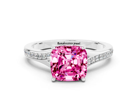 Silver Cushion Cut Pink Sapphire Solitaire Ring with Pavé Band and Prong Setting_12