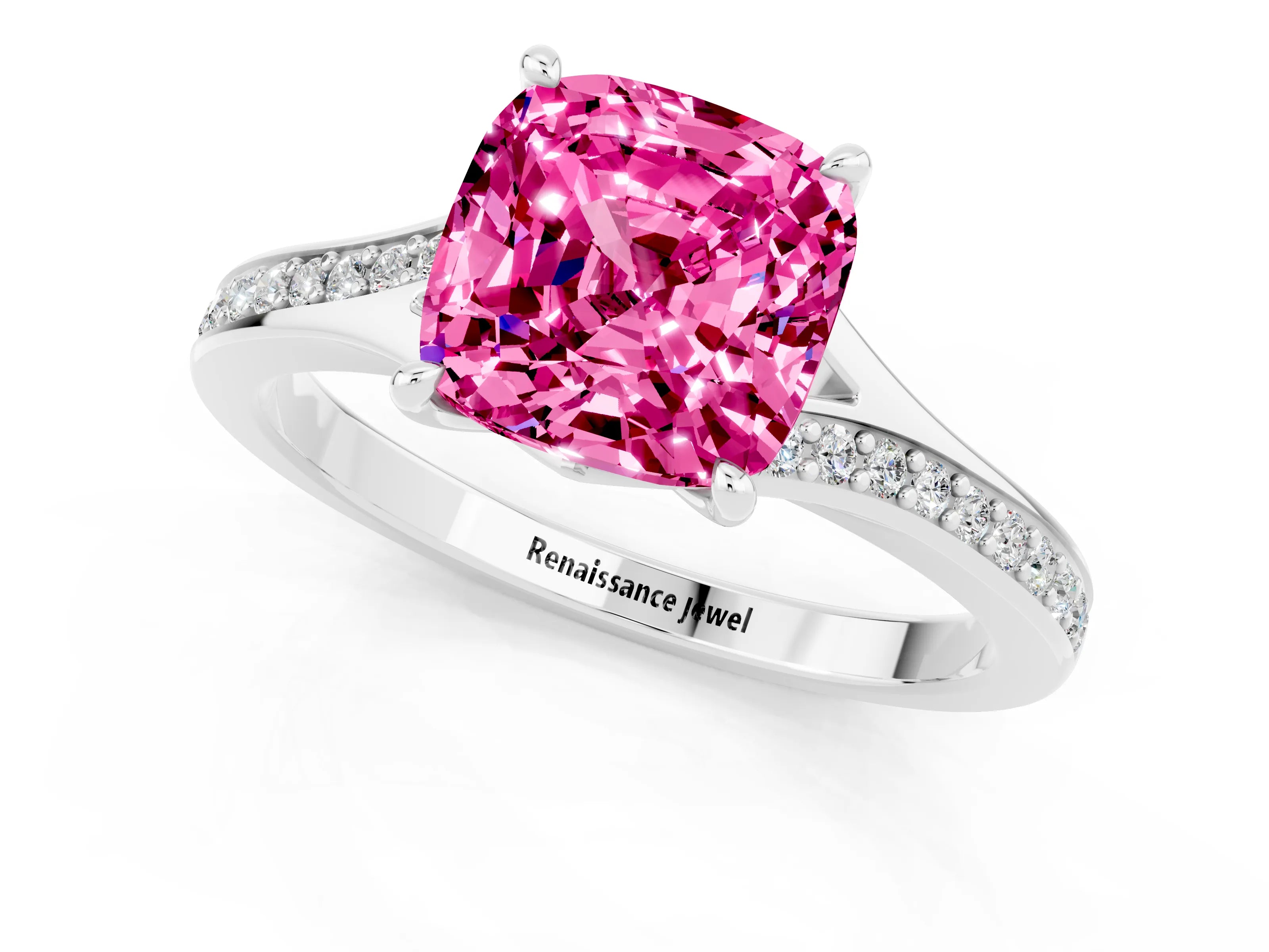 Silver Cushion Cut Pink Sapphire Solitaire Ring with Pavé Band and Prong Setting_13