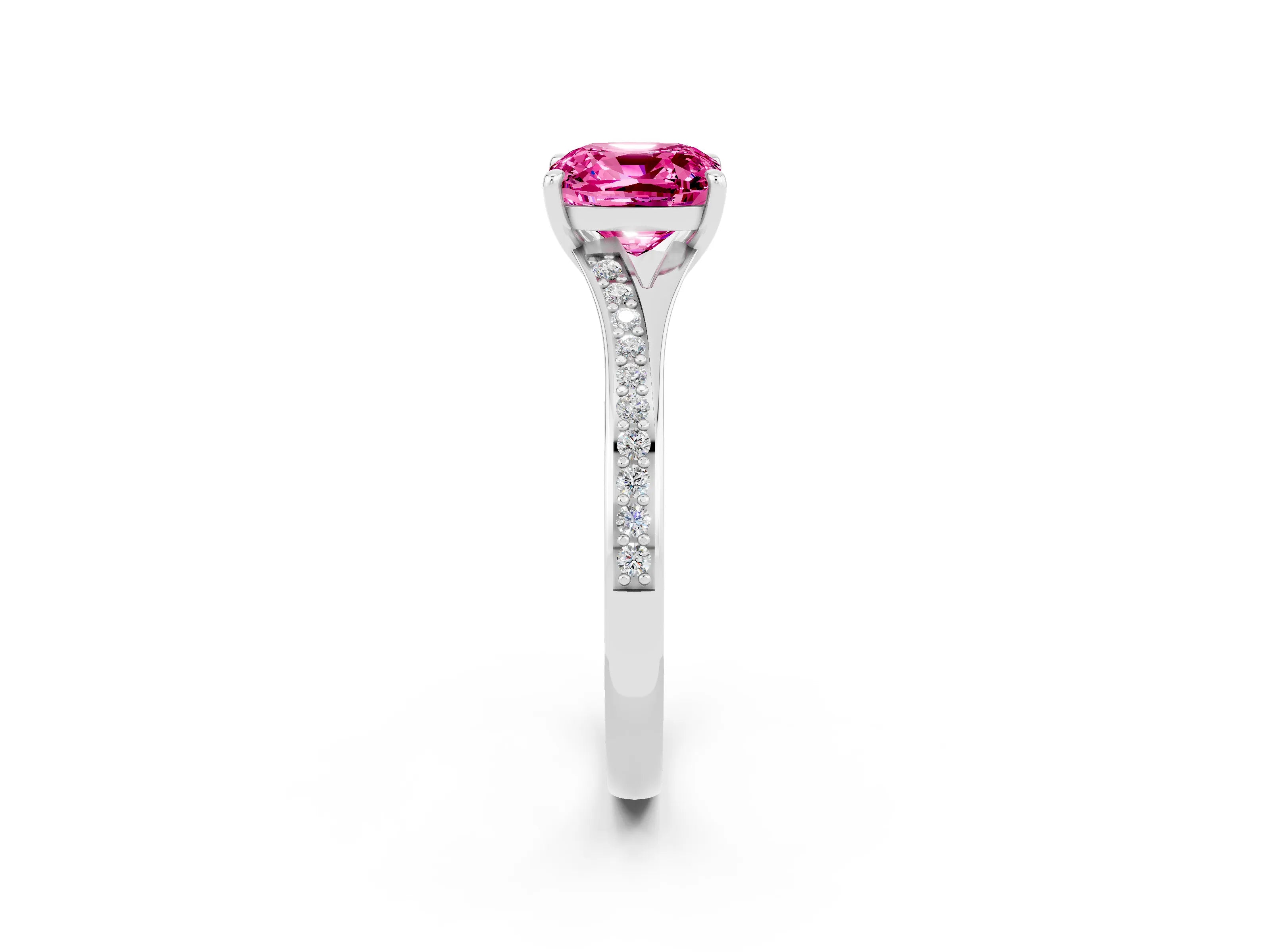 Silver Cushion Cut Pink Sapphire Solitaire Ring with Pavé Band and Prong Setting_14
