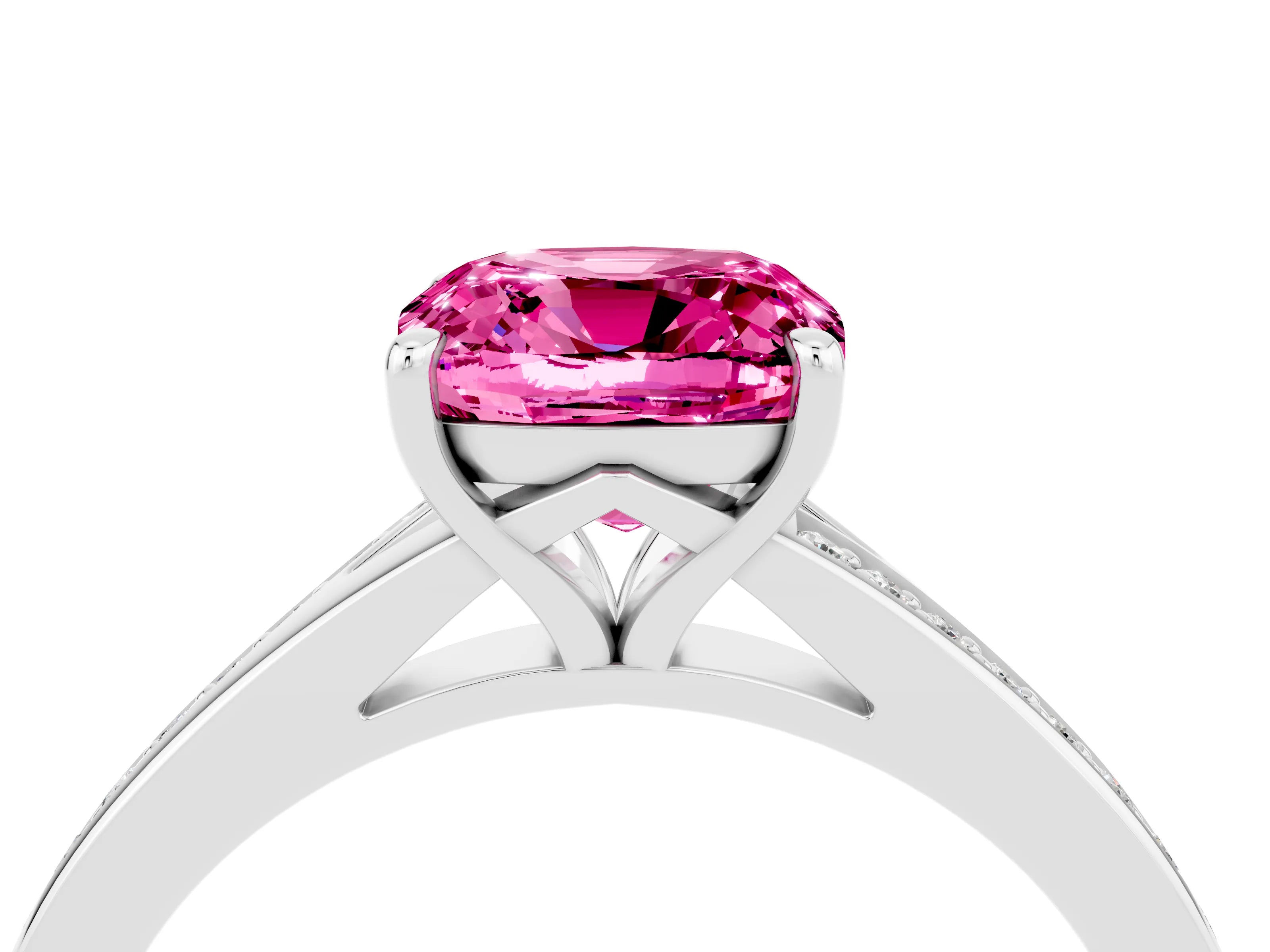 Silver Cushion Cut Pink Sapphire Solitaire Ring with Pavé Band and Prong Setting_16