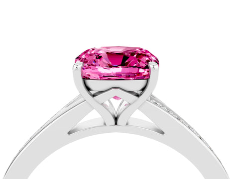Silver Cushion Cut Pink Sapphire Solitaire Ring with Pavé Band and Prong Setting_16
