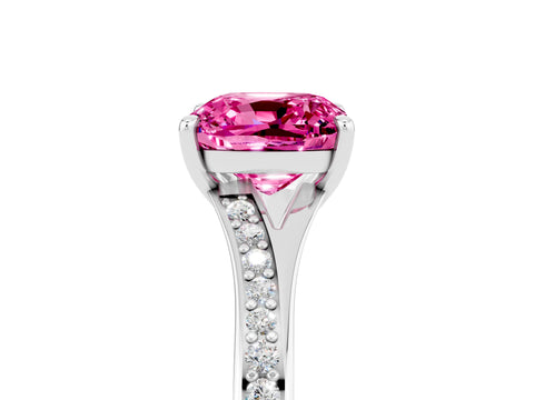 Silver Cushion Cut Pink Sapphire Solitaire Ring with Pavé Band and Prong Setting_17