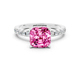 Silver Cushion Cut Pink Sapphire Solitaire Ring with Round  Pavé Band and Four-Prong Setting_24