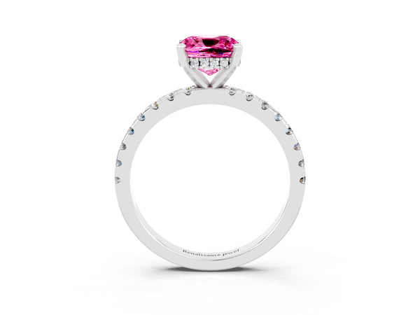 Silver Cushion Cut Pink Sapphire Solitaire Ring with Round Pavé Band and Four-Prong Setting