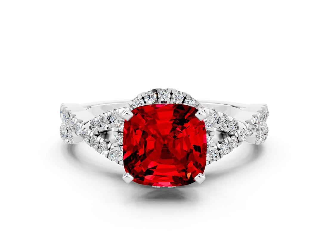 Silver Cushion Cut Ruby  Halo Twist Band Solitaire Prong Setting Ring_12
