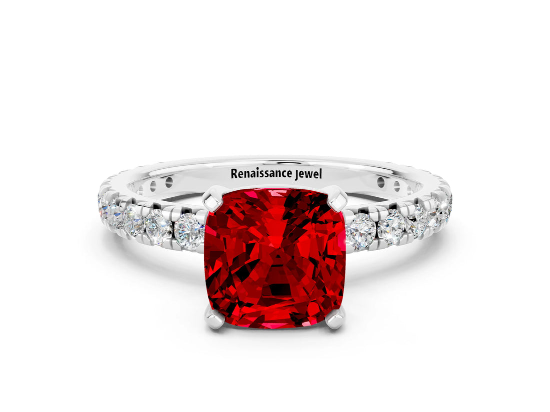 Silver Cushion Cut Ruby Pavé Solitaire Ring with Round Band and Prong Setting_42