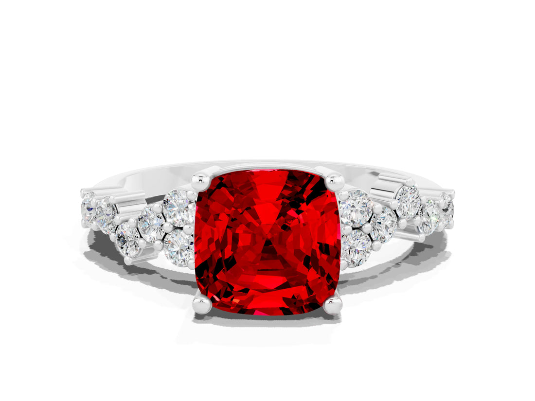 Silver Cushion Cut Ruby Scattered Round Accent Ring with Prong Setting_42