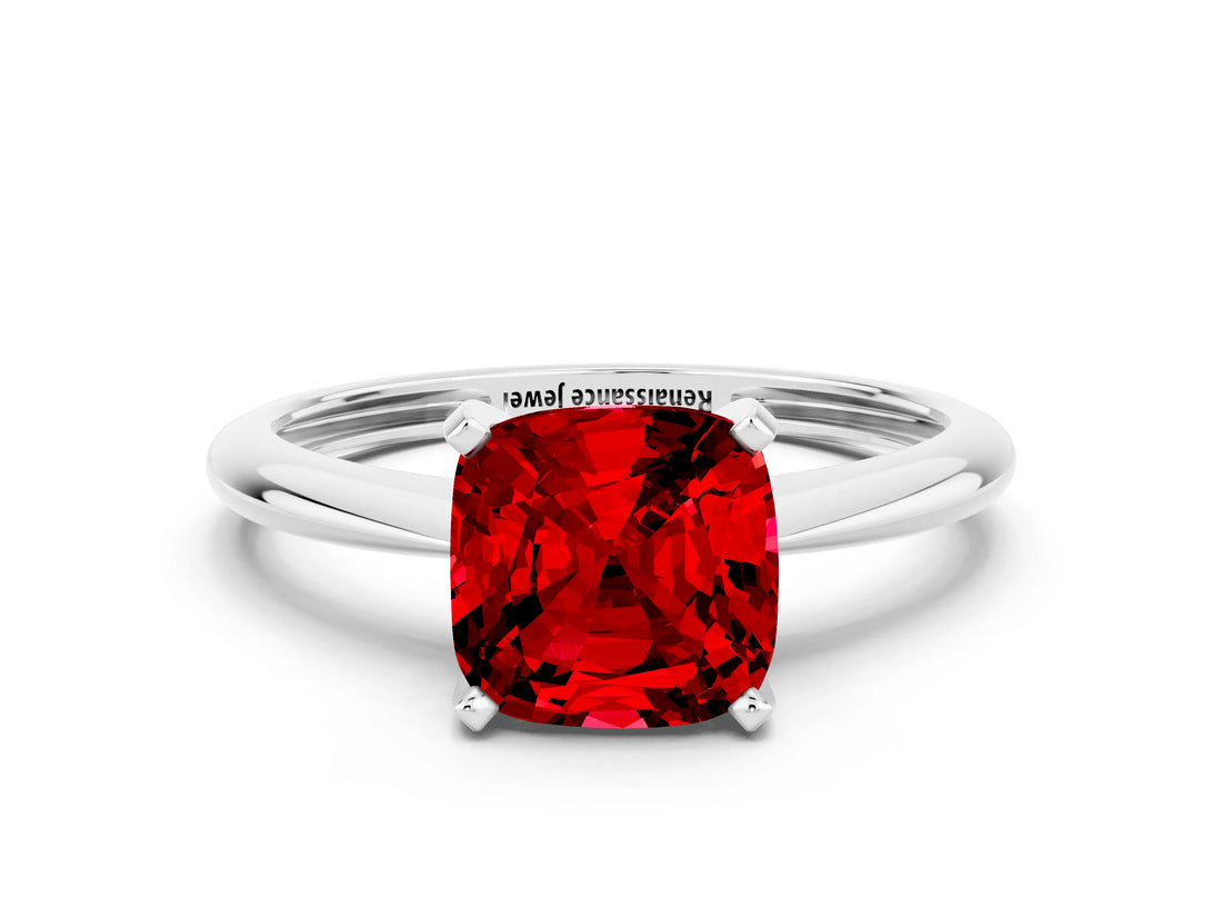 Silver Cushion Cut Ruby Solitaire Engagement Ring with Classic Band and Four-Prong Setting_12