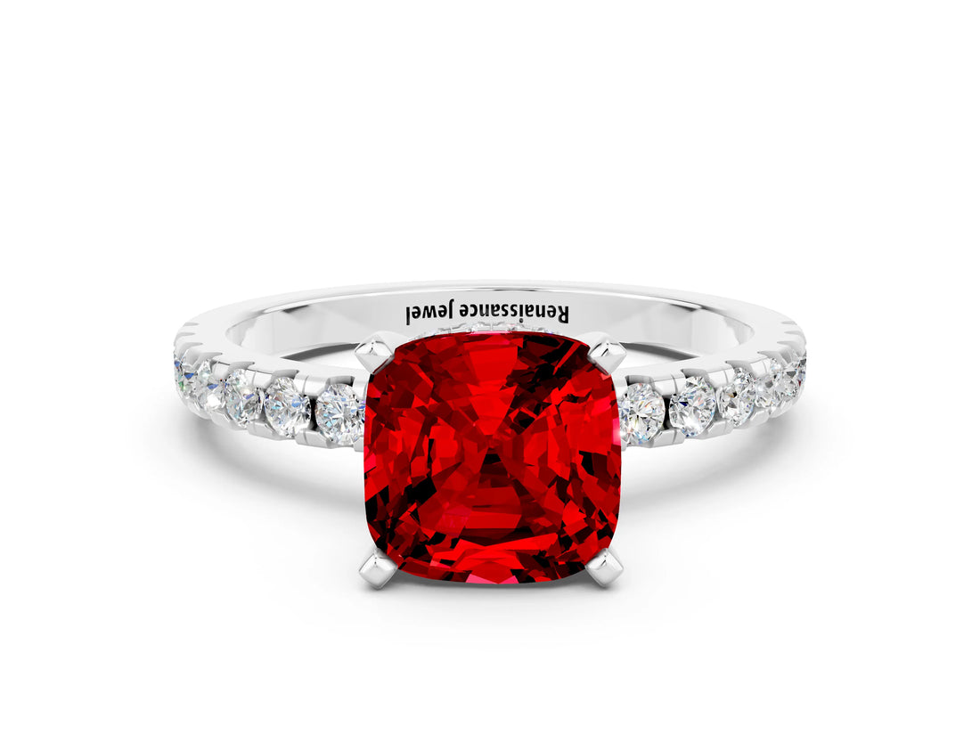 Silver Cushion Cut Ruby Solitaire Ring with Round  Pavé Band and Four-Prong Setting_36