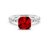 Silver Cushion Cut Ruby Solitaire Ring with Round  Pavé Band and Four-Prong Setting_36