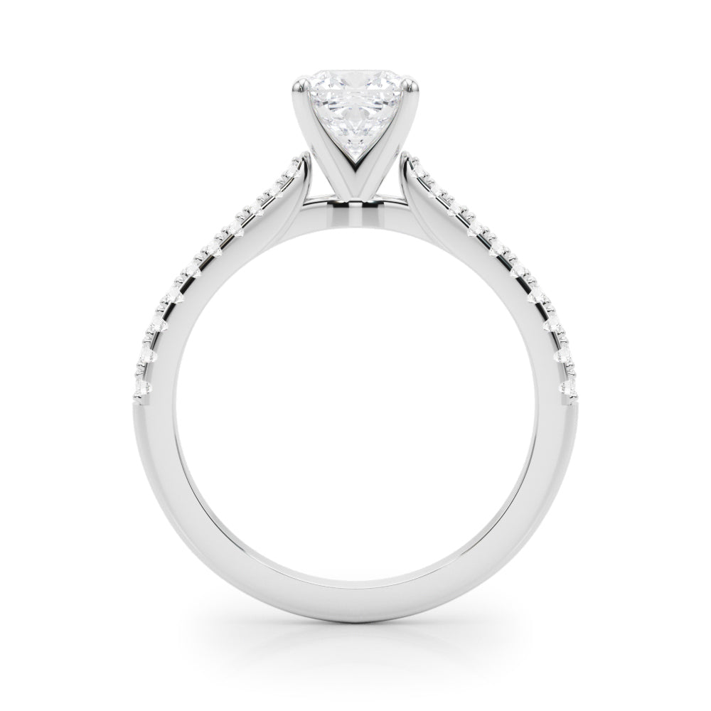 Silver Cushion Cut Solitaire Diamond Engagement Ring with Pave Band and Four-Prong Setting 1