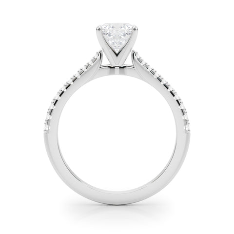 Silver Cushion Cut Solitaire Diamond Engagement Ring with Pave Band and Four-Prong Setting 1