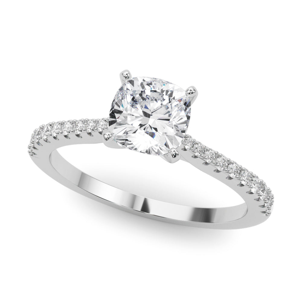 Silver Cushion Cut Solitaire Diamond Engagement Ring with Pave Band and Four-Prong Setting 2