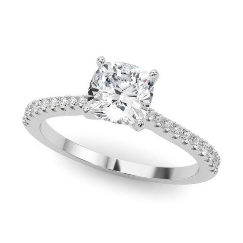 Silver Cushion Cut Solitaire Diamond Engagement Ring with Pave Band and Four-Prong Setting 2