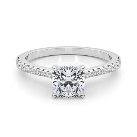 Silver Cushion Cut Solitaire Diamond Engagement Ring with Pave Band and Four-Prong Setting