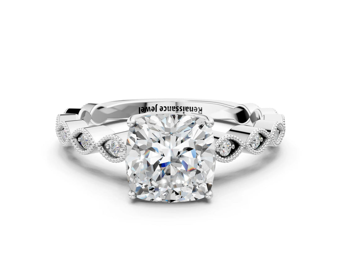 Silver Cushion Cut Solitaire Diamond Ring with Infinity Twist Band and Four-Prong Setting_25