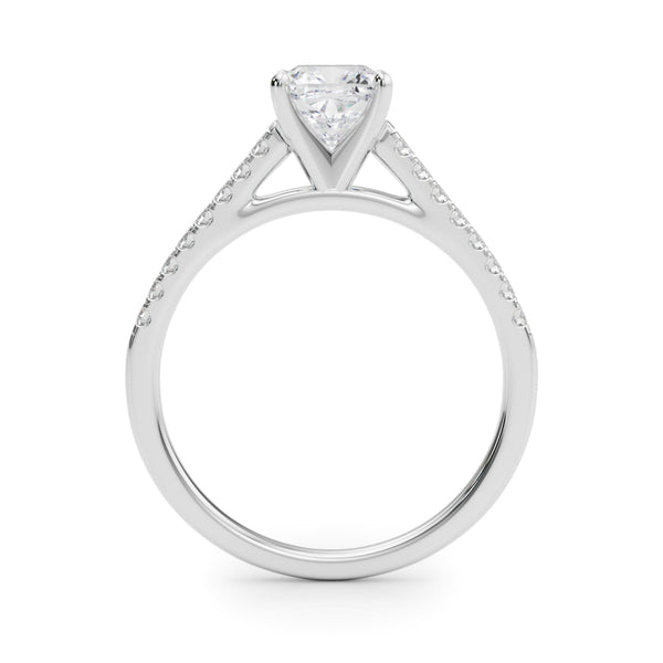 White gold Cushion Cut Solitaire Diamond Ring with Pave Band and Four-Prong Setting