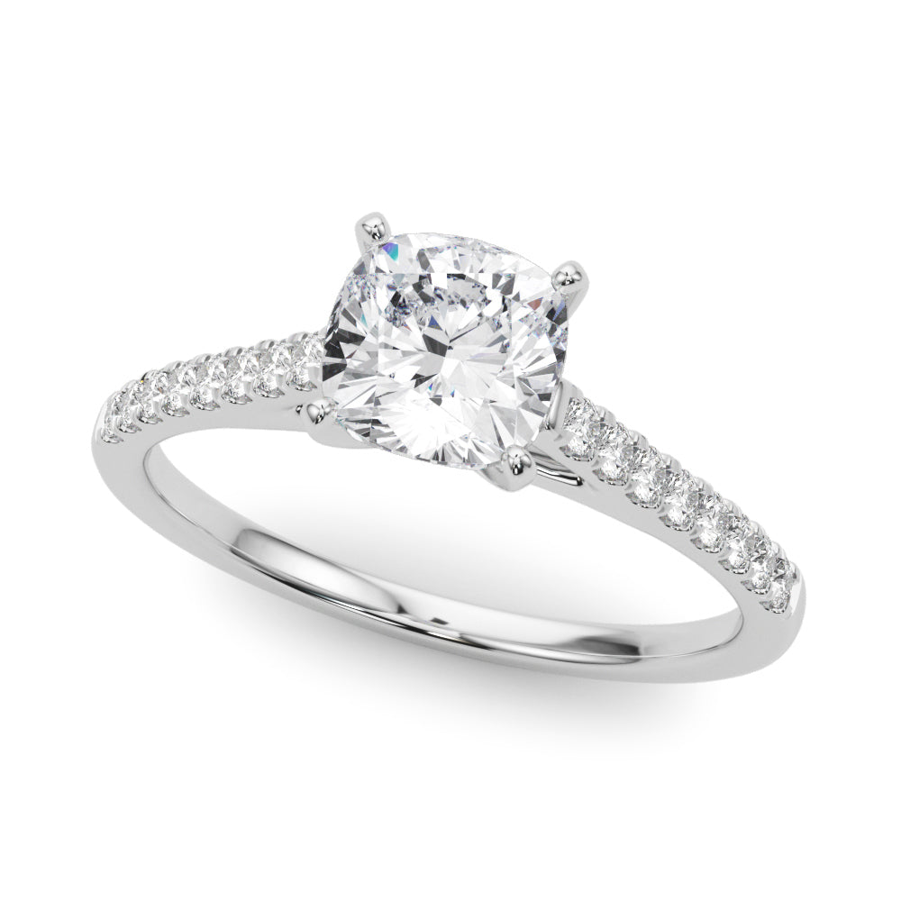 Silver Cushion Cut Solitaire Diamond Ring with Pave Band and Four-Prong Setting 2