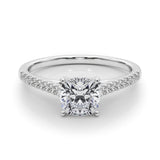Silver Cushion Cut Solitaire Diamond Ring with Pave Band and Four-Prong Setting
