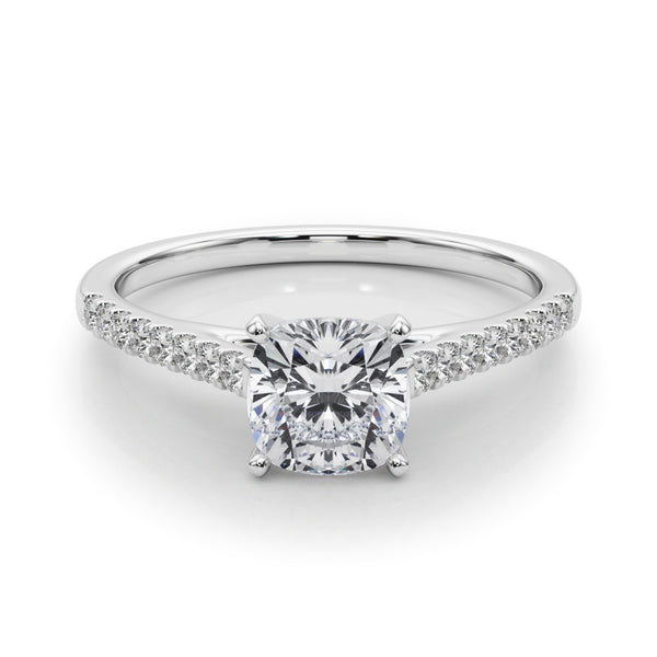 White gold Cushion Cut Solitaire Diamond Ring with Pave Band and Four-Prong Setting