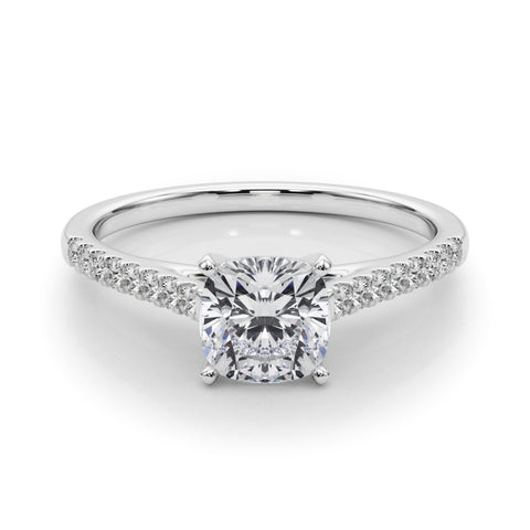 Silver Cushion Cut Solitaire Diamond Ring with Pave Band and Four-Prong Setting