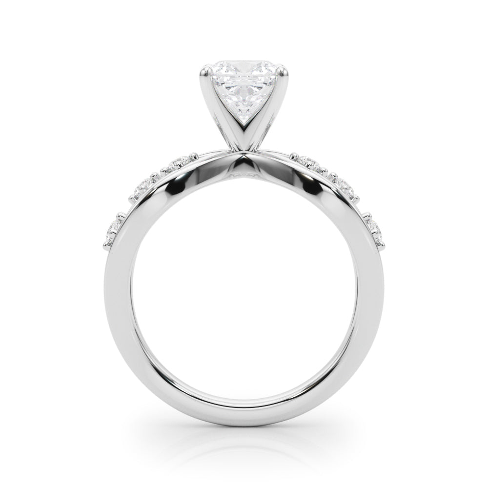 Silver Cushion Cut Solitaire Diamond with Side Stones on Criss-Cross Band and Four-Prong Setting 1