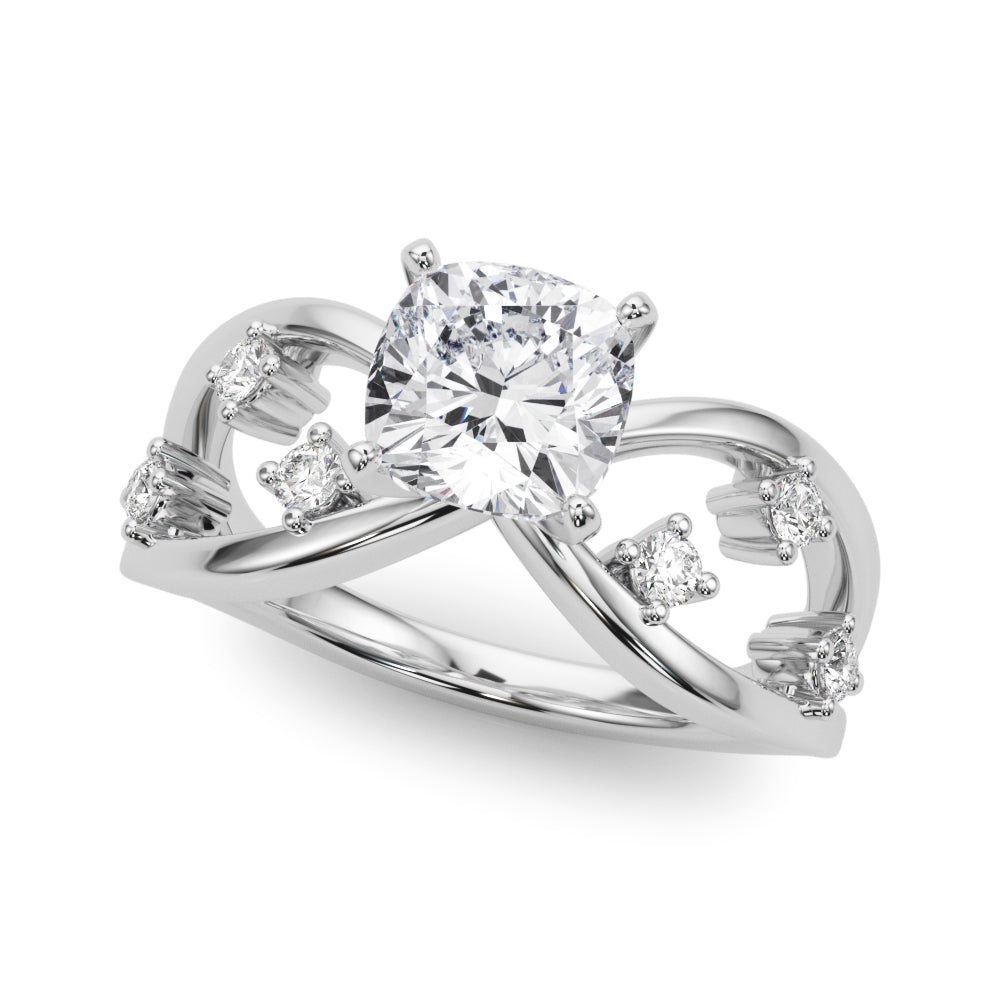 Silver Cushion Cut Solitaire Diamond with Side Stones on Criss-Cross Band and Four-Prong Setting 2