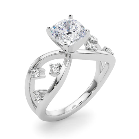 Silver Cushion Cut Solitaire Diamond with Side Stones on Criss-Cross Band and Four-Prong Setting