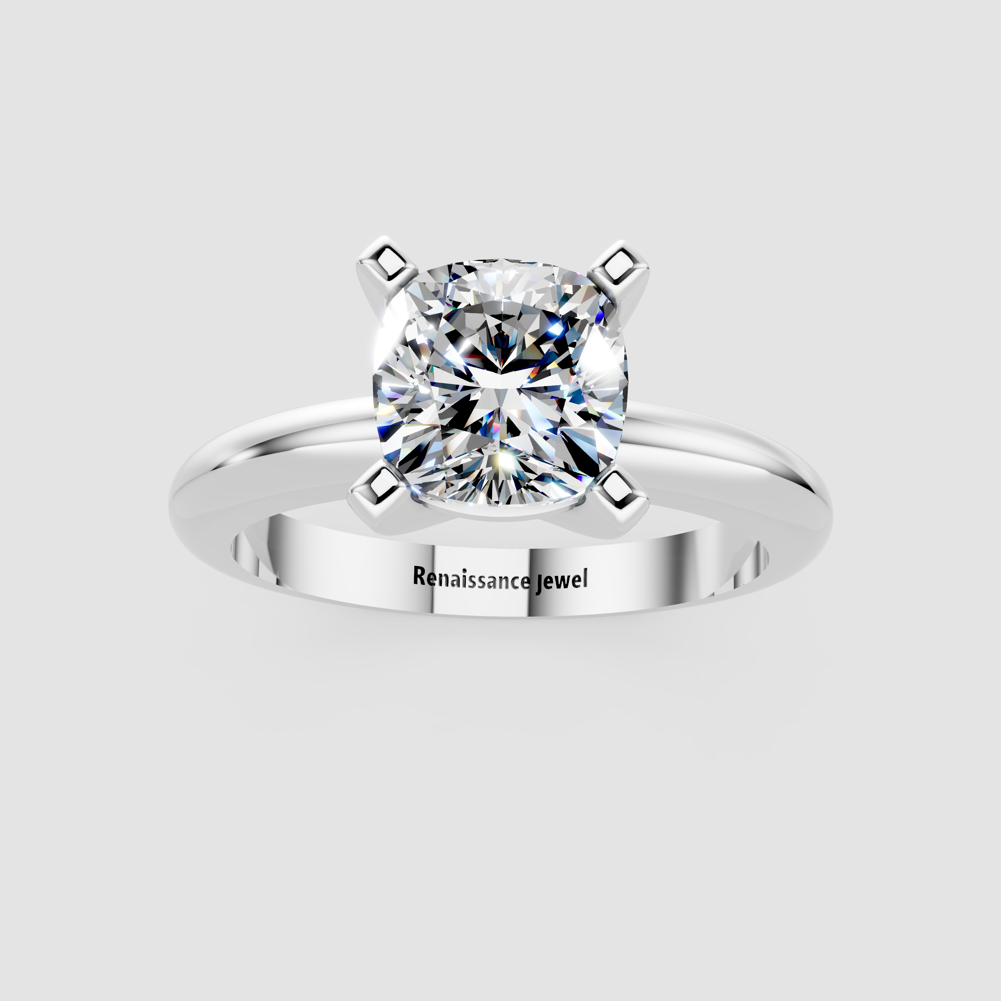 Silver Cushion Cut Solitaire Engagement Ring with Round Band and Four-Prong Setting 1