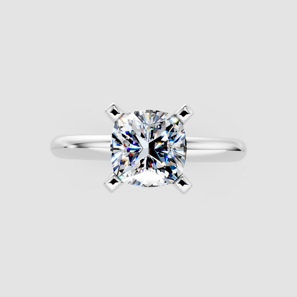 10K White Gold 2.03 Carat D VS1 Cushion Cut Solitaire Engagement Ring with Round Band and Four-Prong Setting