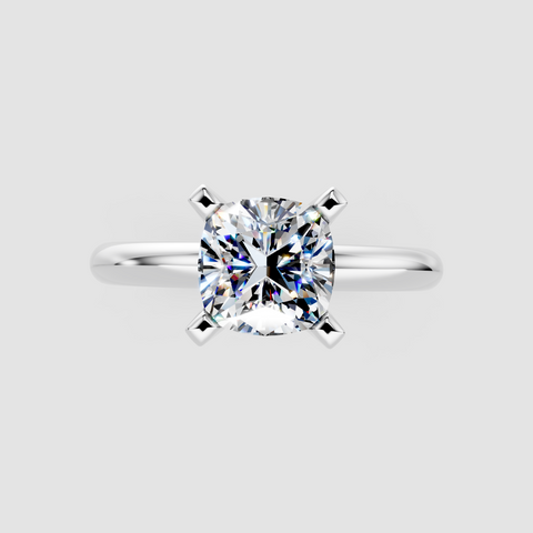 Silver Cushion Cut Solitaire Engagement Ring with Round Band and Four-Prong Setting