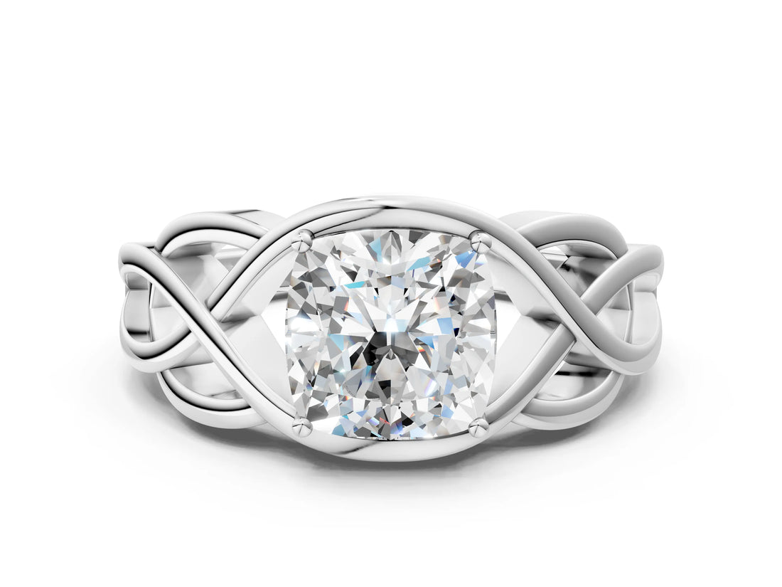 Silver Cushion Cut Solitaire Intertwined Band Prong Setting Ring_14