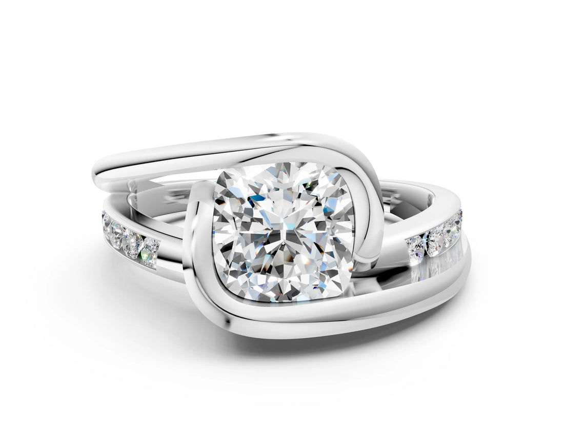 Silver Cushion Cut Solitaire Tension-Set Diamond Split Shank Ring_25