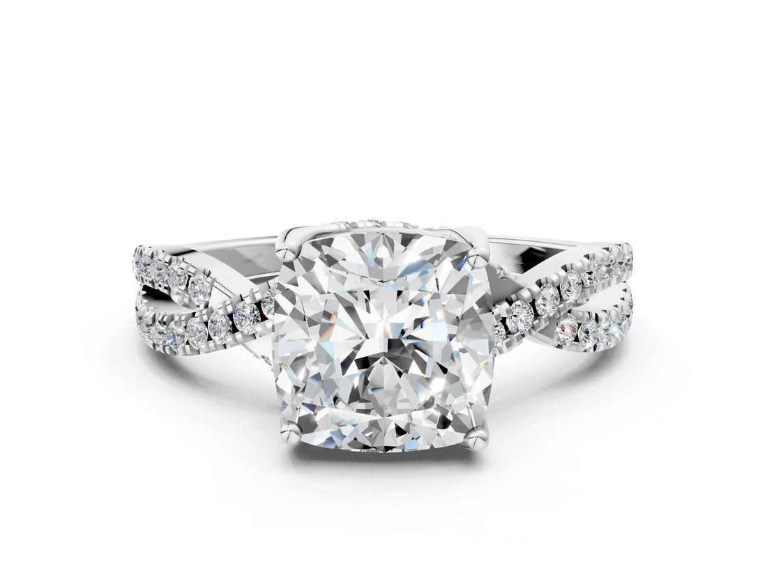 Silver Cushion Cut Solitaire Twist Pave Diamond Engagement Ring with Prong Setting_19