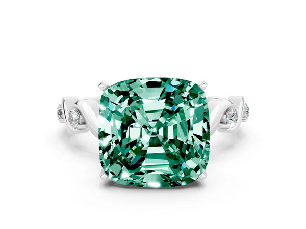 Silver Cushion Cut Green Sapphire Solitaire Twisted Band with Round  Accents and Prong Setting