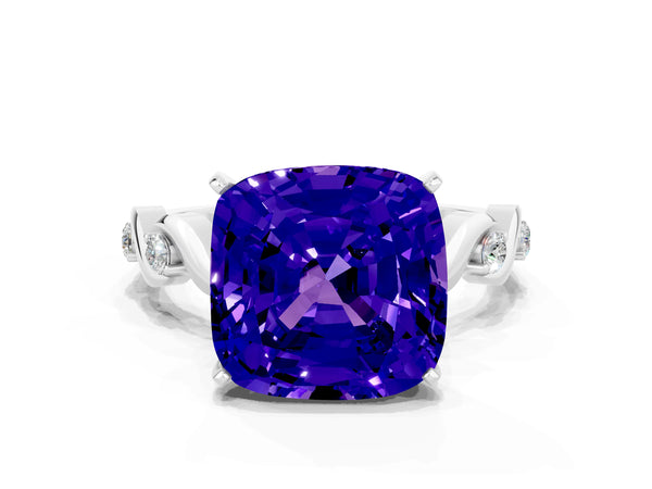 Silver Cushion Cut Tanzanite Solitaire Twisted Band with Round  Accents and Prong Setting