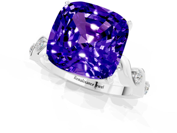 Silver Cushion Cut Tanzanite Solitaire Twisted Band with Round  Accents and Prong Setting