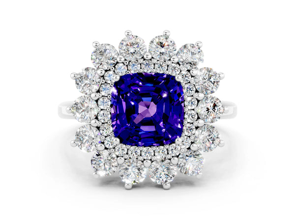Silver Cushion Cut Tanzanite Floral Double Halo Engagement Ring with Prong Setting