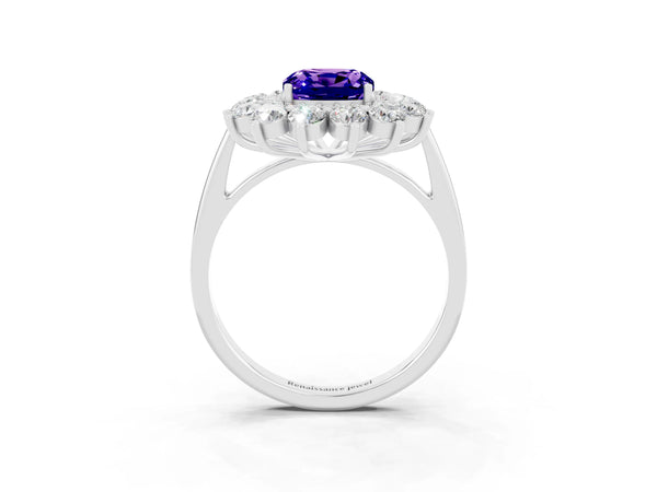 Silver Cushion Cut Tanzanite Floral Double Halo Engagement Ring with Prong Setting