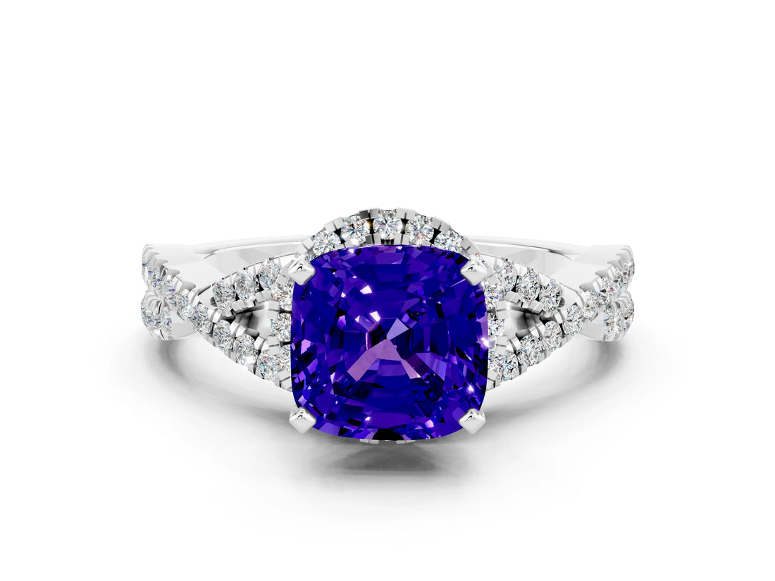 Silver Cushion Cut Tanzanite  Halo Twist Band Solitaire Prong Setting Ring_12