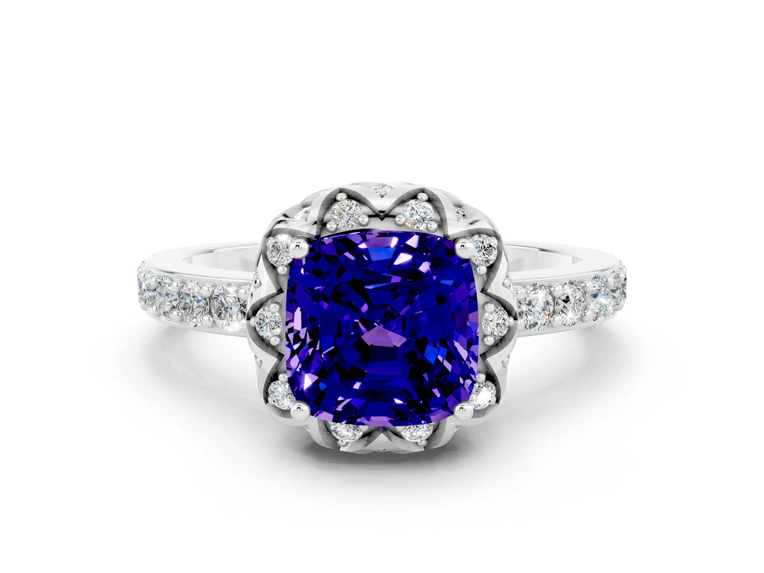 Silver Cushion Cut Tanzanite Scalloped Halo Engagement Ring with Round Shared Prong Band_126