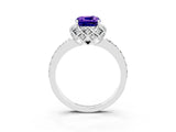 Silver Cushion Cut Tanzanite Scalloped Halo Engagement Ring with Round Shared Prong Band_129