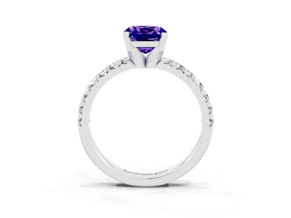 Silver Cushion Cut Tanzanite Solitaire Pavé Engagement Ring with Round Band and Prong Setting