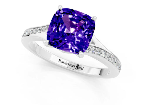 Silver Cushion Cut Tanzanite Solitaire Ring with Pavé Band and Prong Setting_13
