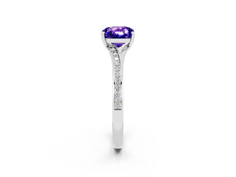Silver Cushion Cut Tanzanite Solitaire Ring with Pavé Band and Prong Setting_14
